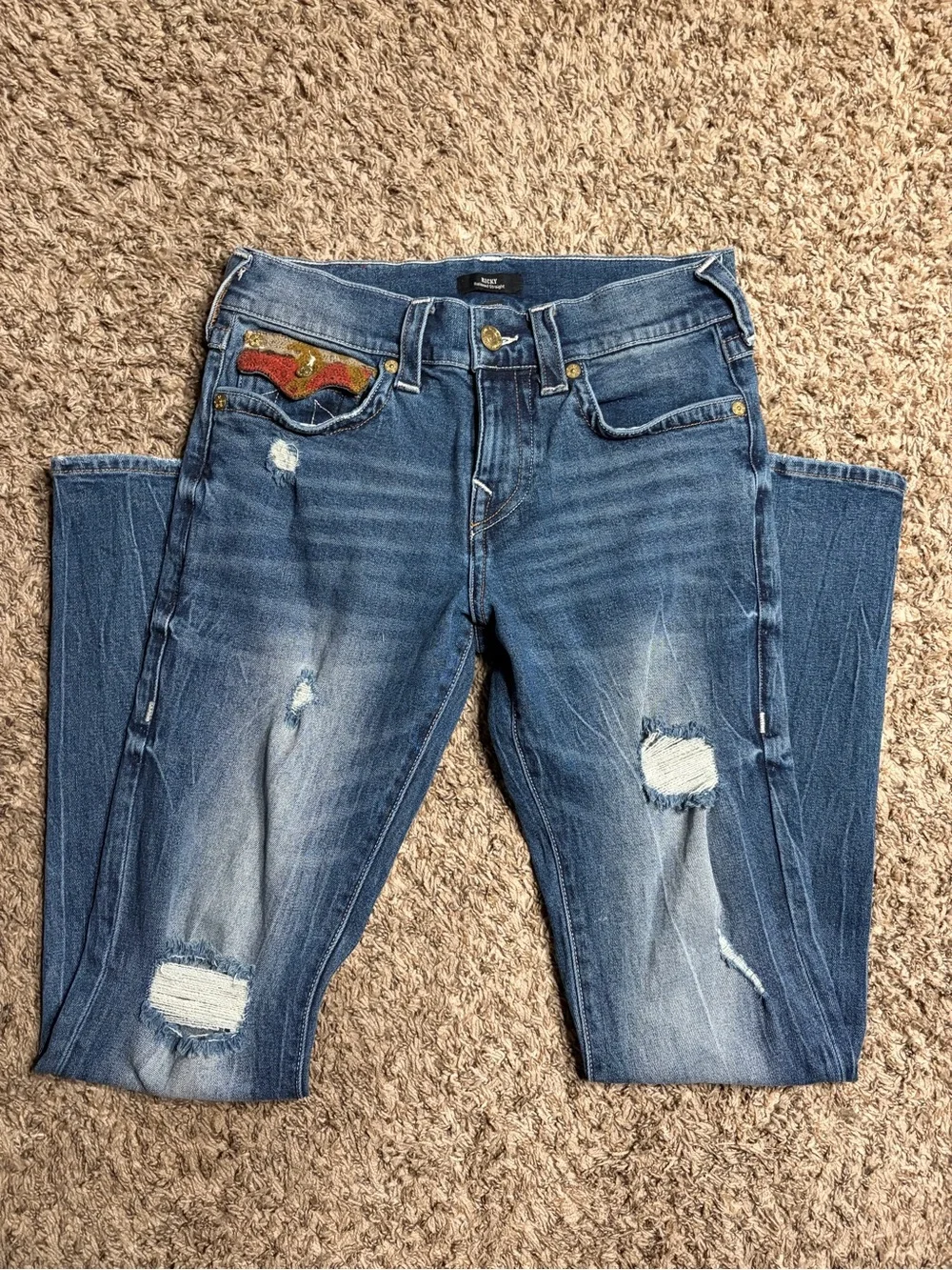 True Religion Men’s Blue Jeans with Multicolor Aztec Pocket Flaps
